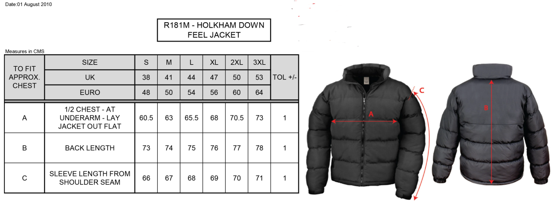 Galenicals FC - Men's Holkham Down Feel Jacket - Size Guide