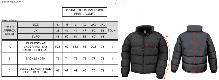 Galenicals FC - Men's Holkham Down Feel Jacket - Size Guide