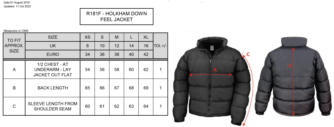 Galenicals FC - Women's Holkham Down Feel Jacket - Size Guide