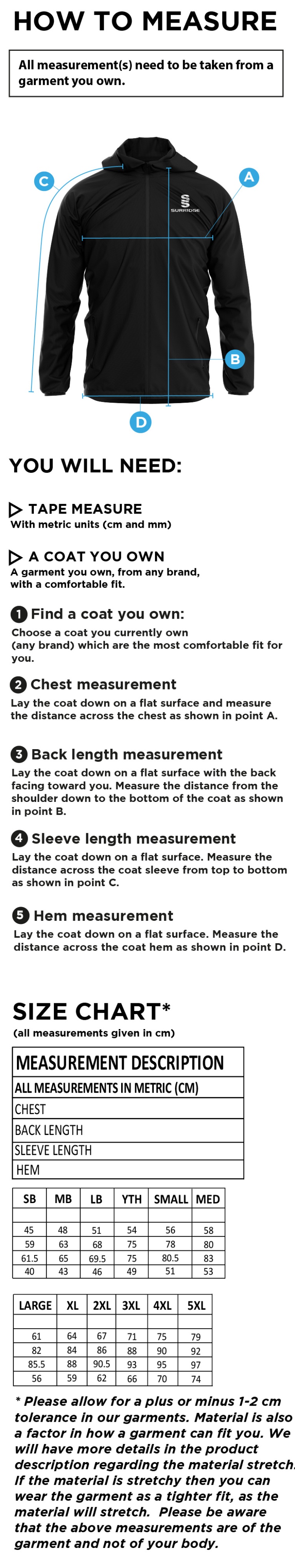 Galenicals FC - Dual Full Zip Training Jacket - Size Guide