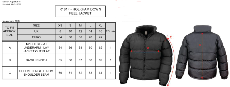 Galenicals FC - Women's Holkham Down Feel Jacket - Size Guide