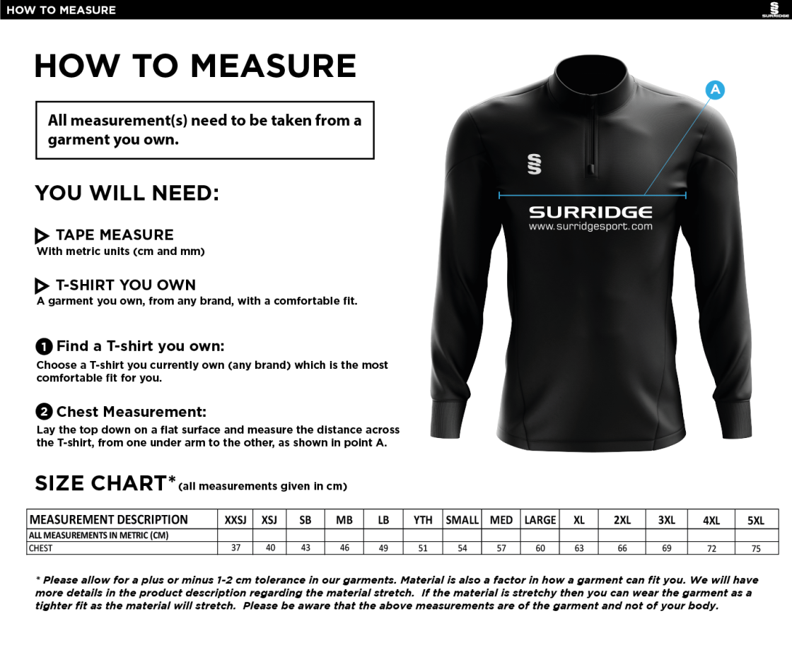 Galenicals FC - 1/4 Zip Dual Performance Top - Size Guide