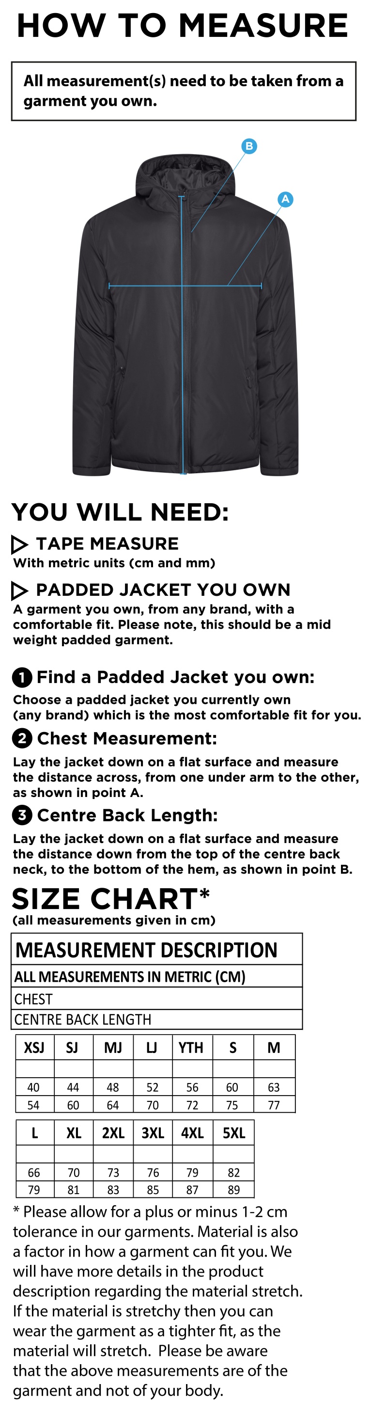 Galenicals FC - Ct Padded Jacket - Size Guide