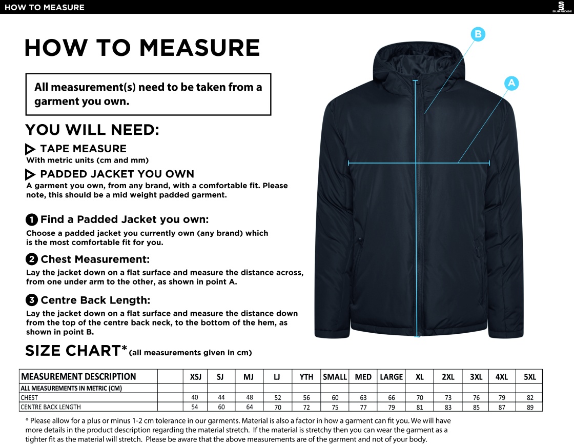 Galenicals FC - Ct Padded Jacket - Size Guide