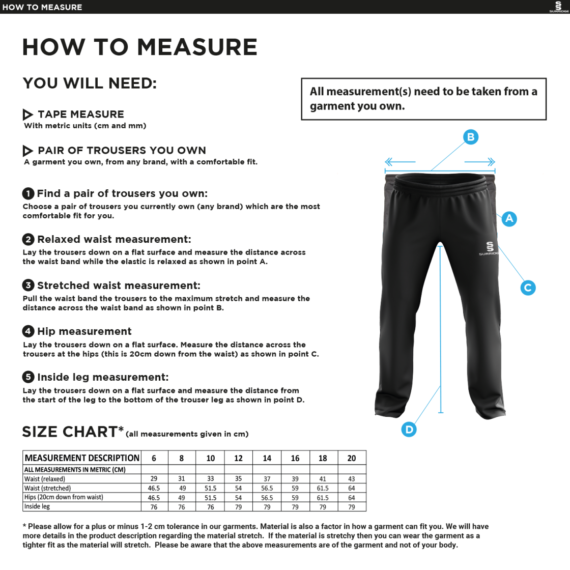 Galenicals FC - Dual Poplin Track Pant - Women's Fit - Size Guide