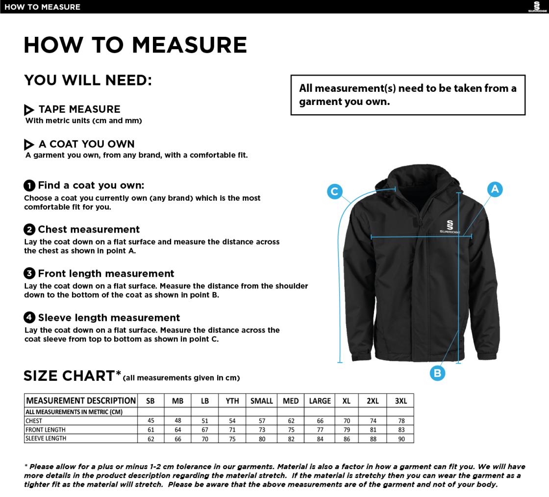 Galenicals FC - Dual Fleece Lined Jacket - Size Guide
